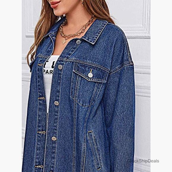Women's Denim Jacket Trench Coat Button Down Midi Long - Picture 5 of 5